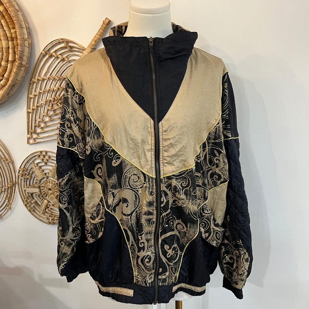 Vintage 90s Windbreaker Jacket Gold Black Print Bomber Mob Wife L - Picture 3 of 12